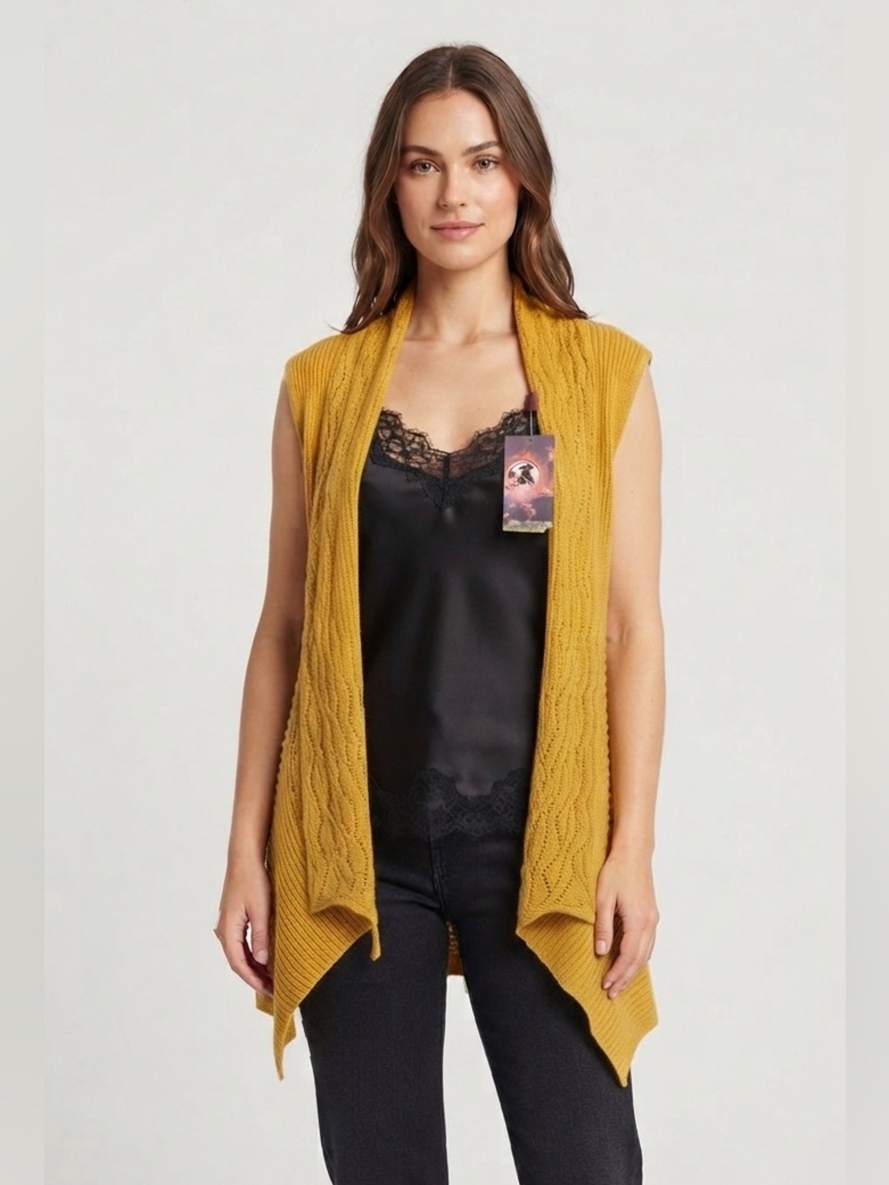 Jeune Jeunesse Mustard Yellow Open Knit Sleeveless Cardigan OS NWT